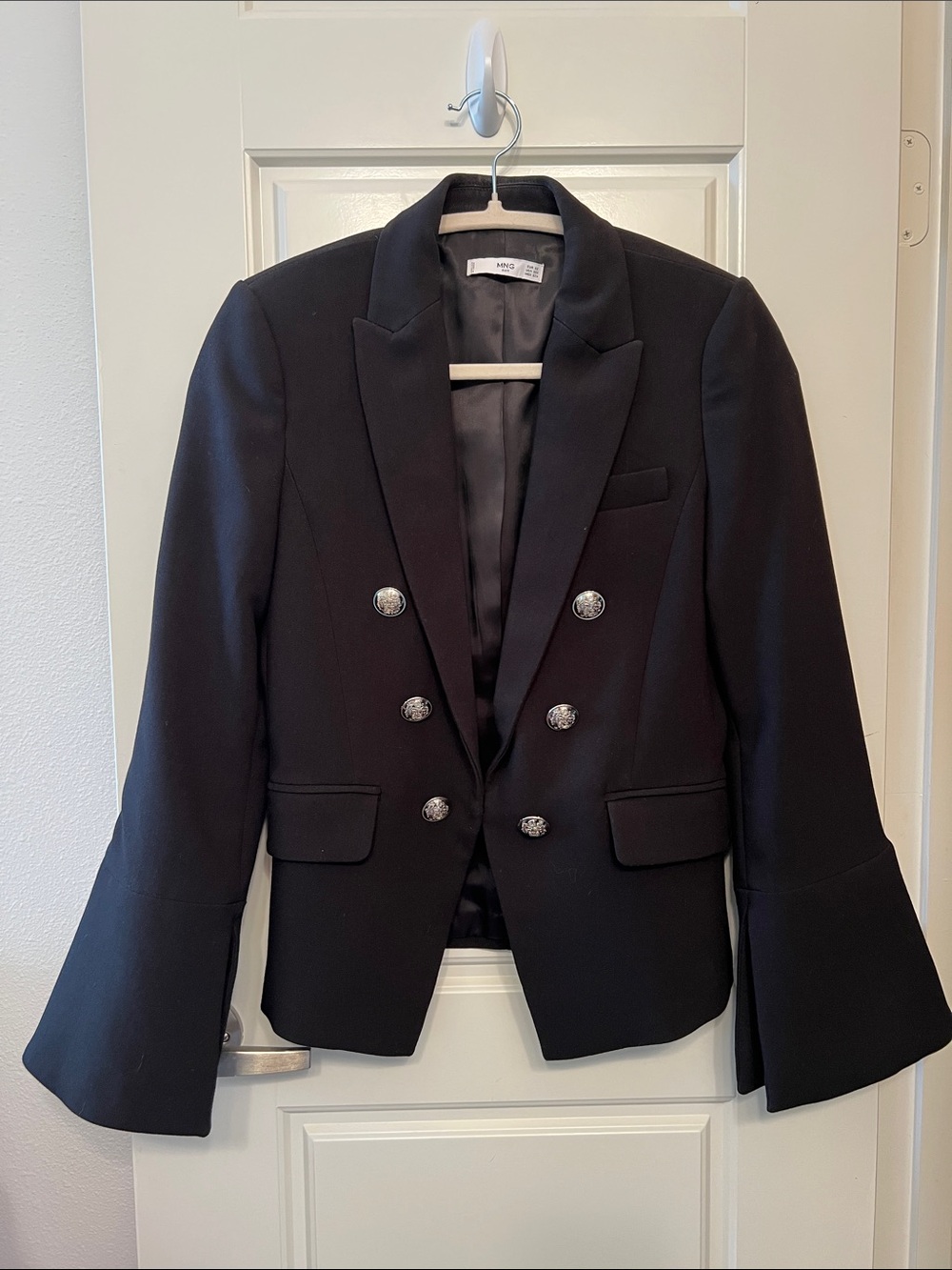 Mango Black Double-Breasted Tailored Blazer with Silver Buttons